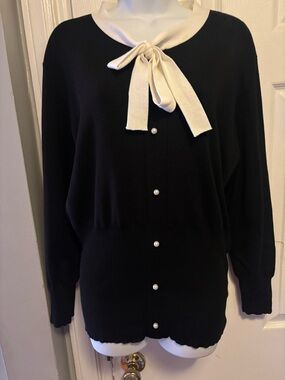 Black Knit Cardigan with Ivory Bow and Pearl Buttons